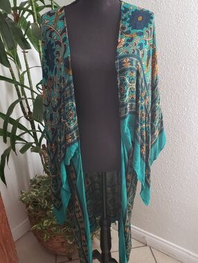 Free People Teal & Gold Bohemian Printed Duster Kimono